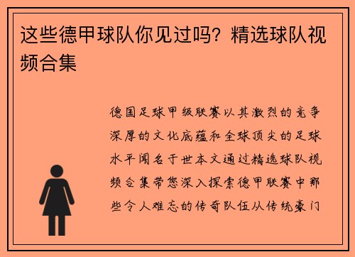 这些德甲球队你见过吗？精选球队视频合集