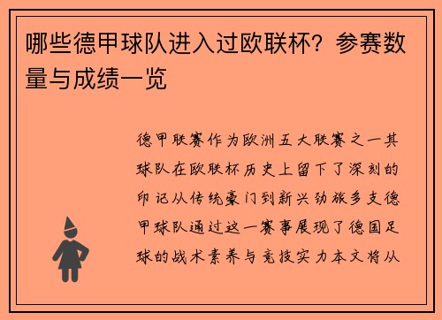 哪些德甲球队进入过欧联杯？参赛数量与成绩一览